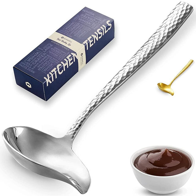 KEAWELL Hammered 18/10 Stainless Steel Sauce Ladle With Pouring Spout, Great small sauce spoon for gravies and dressings, 7.4 Inch