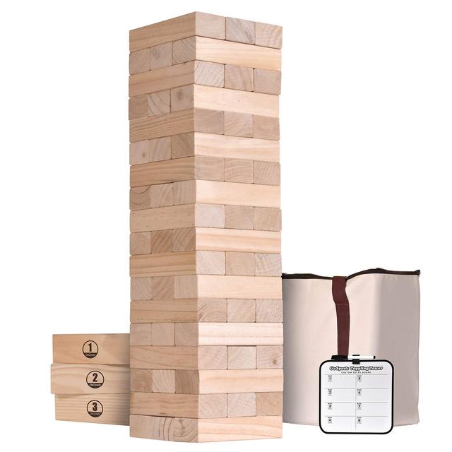 GoSports Giant Wooden Toppling Tower (Stacks to 5+ Feet) - Choose Between Natural, Brown Stain, Gray Stain or Stars and Stripes - Includes Bonus Rules with Gameboard, Made from Premium Pine