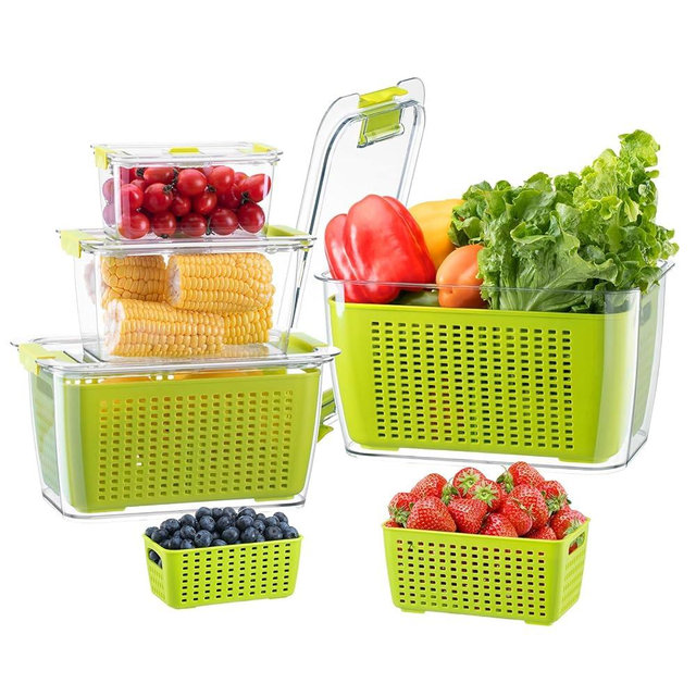LUXEAR Fruit Vegetable Storage Container, 4 Pack Fresh Containers for Fridge with Lids BPA-Free Produce Refrigerator Organizer for Fruit, Veggie, Berry, Meat Storage Keep Fresh Longer-Green