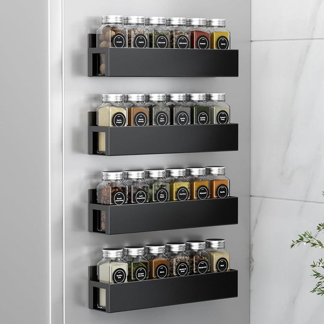 Agotglmi 4 Pack Magnetic Spice Rack with 28 Spice Jars, Spice Labels, Chalk Marker and Funnel Set, Magnetic Spice Organizer Shelf for Refrigerator, Microwave, Seasoning Organizer for Kitchen