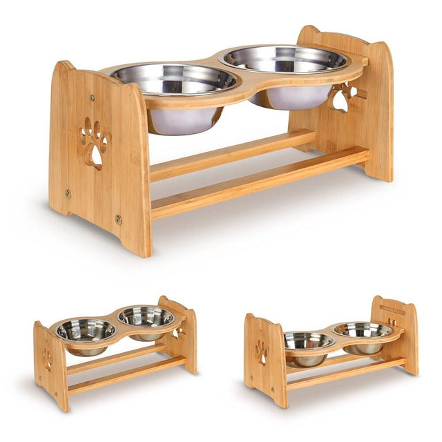 X-ZONE PET Elevated Dog Bowls for Cats and Dogs, Adjustable Bamboo Raised Dog Bowls for Medium Dog, Food and Water Set Stand Feeder with 2 Stainless Steel Bowls and Anti Slip Feet (Height 4.7" to 7")