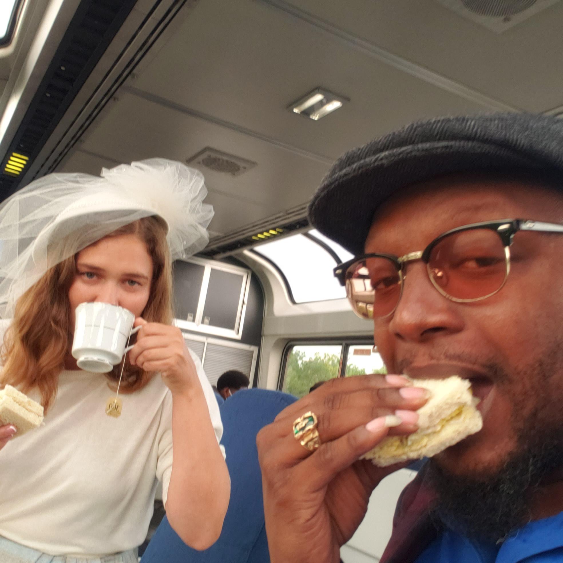 Tea on the train ride to Jackson in our old timey get-ups.
