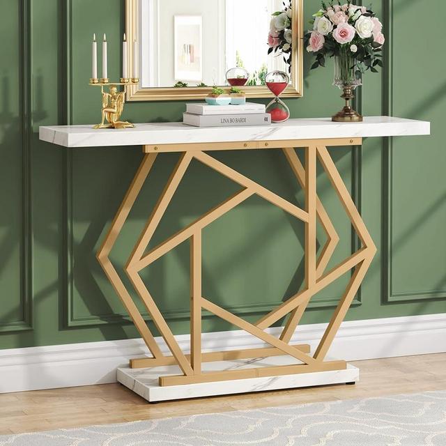 Tribesigns Modern Console Table with Gold Metal Base, 47 Inch Long Entry Sofa Table, Contemporary Geometric Accent Table with Faux Marble Veneer for Living Room, Entryway, Hallway, Entrance