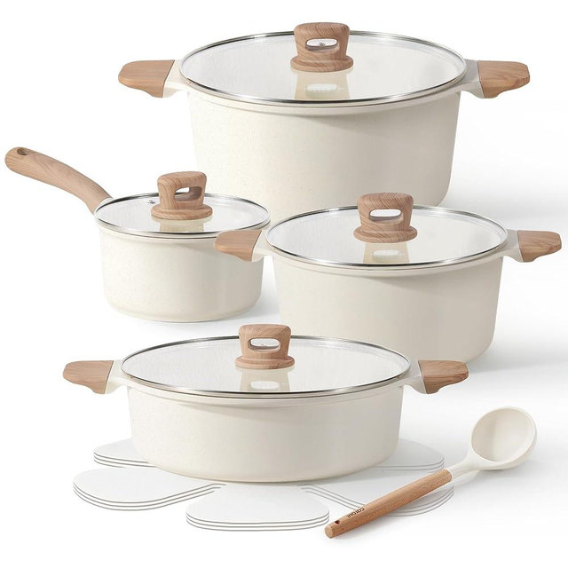CAROTE 12 Pcs Pots and Pans Set Nonstick, White Granite Induction Cookware Non Stick Kitchen Cooking Set with Utensil and Pan Protectors