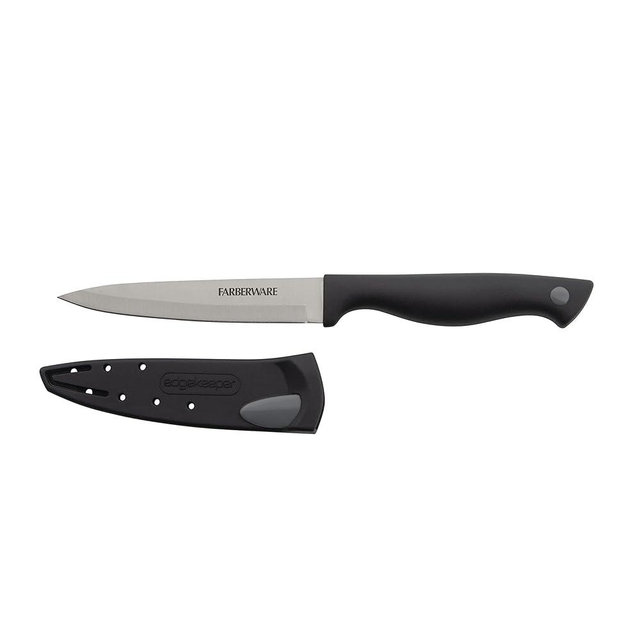 Farberware Edgekeeper 4.5-Inch Fine Edge Utility Knife with Self-Sharpening Blade Cover, High Carbon-Stainless Steel Kitchen Knife with Ergonomic Handle, Razor-Sharp Knife, Black