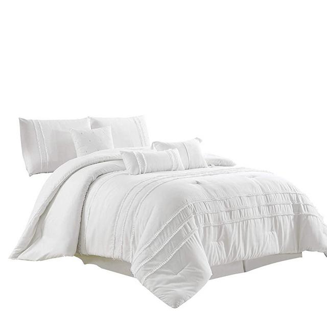 Chezmoi Collection Elizabeth 7-Piece White Tassel Fringe Comforter Set, Queen