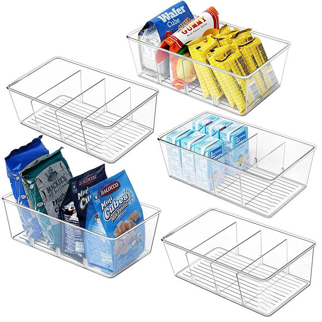 Pantry Organization, wilfox 5 Pack Clear Organizer Bins with Removable Dividers for Pantry, Kitchen, Fridge, Cabinet, Stackable Storage Bins for Snack, Pouches, Spice Packets