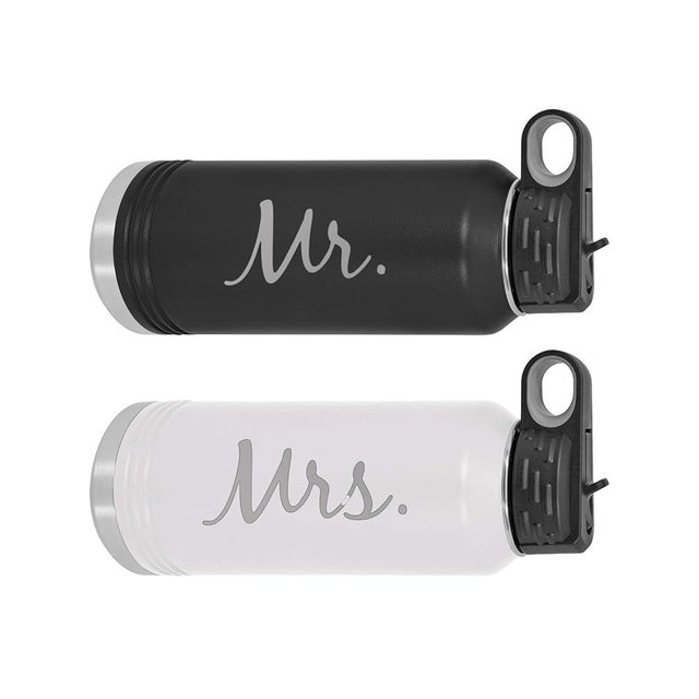 Mr. & Mrs. - 32-Ounce Engraved Double Wall Insulated Stainless Steel Sports Matching Water Bottles with Flip Top Lid, Straw