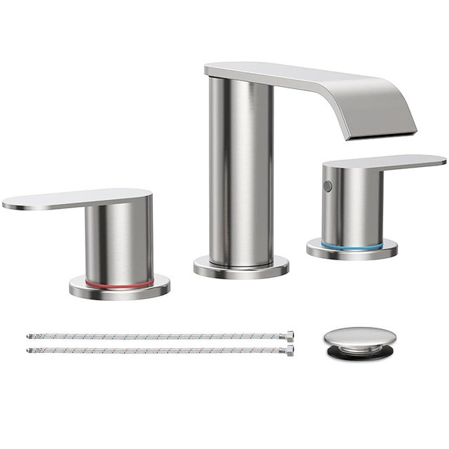 Brushed Nickel Waterfall Bathroom Faucet for Sink 3 Hole Widespread Bathroom Sink Faucets with Pop-up Drain and Supply Lines Stainless Steel 2-Handle Bathroom Sink Faucet for Bath Vanity Homevacious