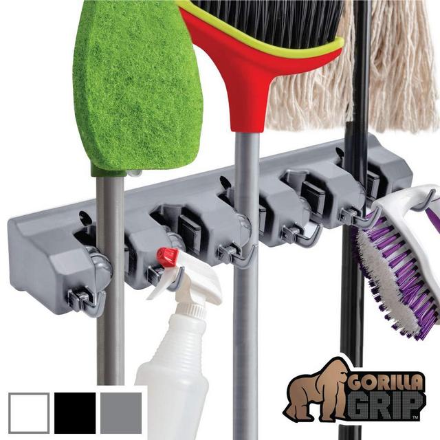 Gorilla Grip Premium Mop and Broom Holder, 5 Auto Adjust Slots, 6 Hooks, Holds Up to 50 Lbs, Easy Install Wall Mount, Store Cleaning and Gardening Tools, Organize Kitchen, Garage, Storage Rooms, Gray
