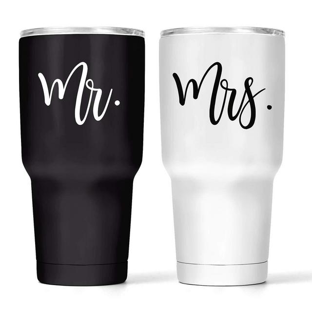 The Navy Knot Mr and Mrs Wine Tumbler Set - Stainless Steel Insulated Tumblers w/ Lids - Stemless Wine Glass Coffee Cup - Gifts for Mom, Dad, Traveler, Teens Adults (Black/White, 30 Oz)