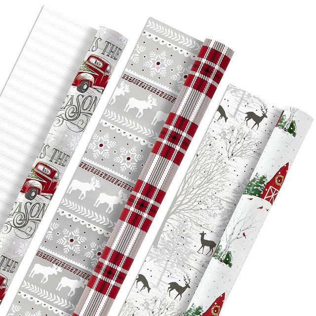 Hallmark Holiday Wrapping Paper Rolls - Rustic Christmas Gift Wrap Paper (Set of 3 Reversible Rolls: 120 sq. ft. ttl.) Plaid, Barn, Red Truck, Moose, Woodland Scenes