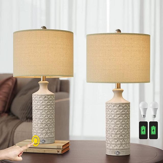 PoKat 3 Way Dimmable Touch Table Lamp Sets of 2 Modern Contemporary Ceramic Table Lamps for Living Room Bedroom White Farmhouse Bedside Nightstand Lamp with 2 USB Ports Bulb Included