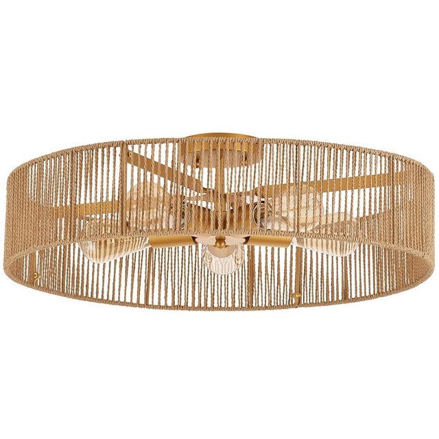 MhyTogn 24" Natural Rattan Flush Mount Ceiling Light Fixture Antique Brass Brush Paint Finish Boho Chandelier for Porch Patio Hallway Bedroom Living Room Kitchen Island 5-Light