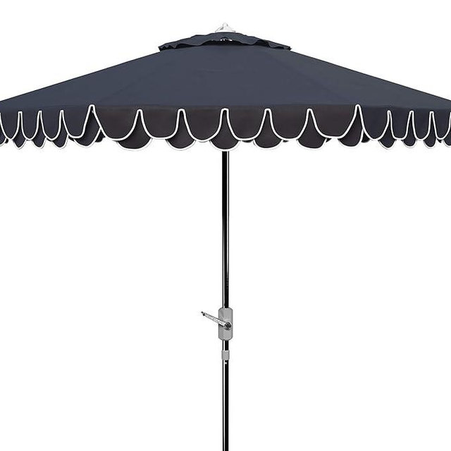 SAFAVIEH Outdoor - Valance 9-Foot Crank Patio Umbrella - Navy & White Canopy - Chrome Aluminum Pole - Decorative Petal Valance Trim - Ideal for Patio, Deck, Poolside, Backyard (PAT8006G)