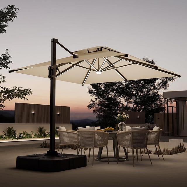Deconk 10 FT Cantilever Outdoor Patio Umbrellas with Solar Powered Led Lights, Free-motion Track Tilt Large Rectangle Umbrella, 360° Rotation Offset Umbrella for Pool Deck Garden Backyard, Beige