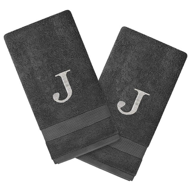 Personalized Towels Set with Monogram - Set of 2 Highly Absorbent & Soft Turkish Cotton Hand Towels - 16"x27" Monogrammed Hand Towels for Bathroom, Spa, Gym, Hotels - Gray - J