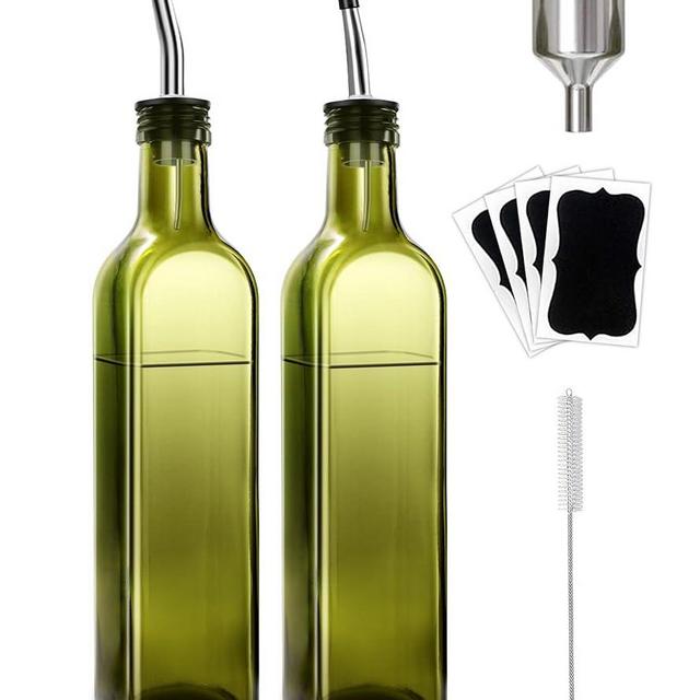 Leaflai Olive Oil Dispenser Bottle, 2 Pcs Green Glass Olive Oil Dispenser and Vinegar Dispenser Set with 2 Stainless Steel Pourers, 4 Labels,1 Brush and 1 Funnel Oil Bottles for Kitchen (500ml)