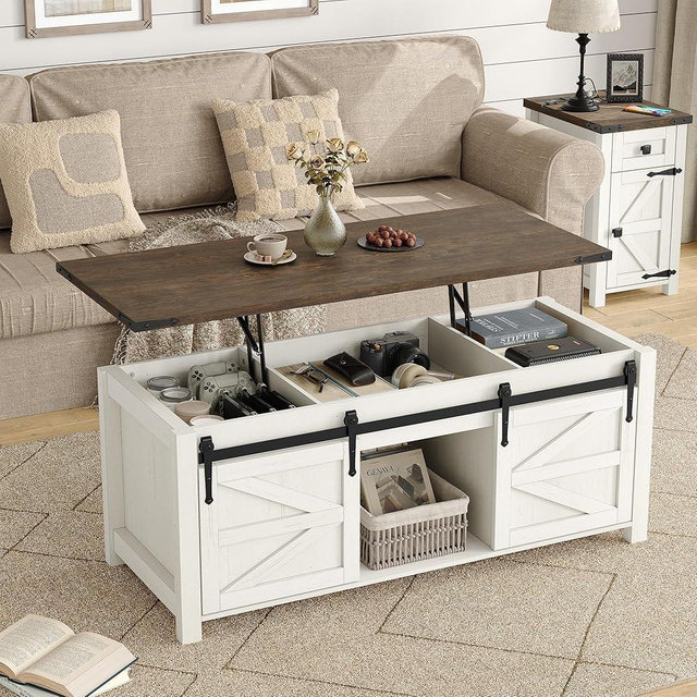 Furnihold 47.3'' Coffee Table with Storage, Farmhouse Wood Coffee Table with Lifting Top, Sliding Barn Doors, Rustic Rectangle Center Table for Living Room, Antique White