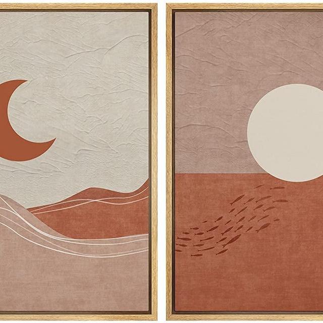 SIGNWIN Framed Wall Art Print Set Orange & Tan Crescent Moon & Sun Desert Nature Wilderness Illustrations Modern Art for Living Room, Bedroom, Office - 16"x24"x2 Natural