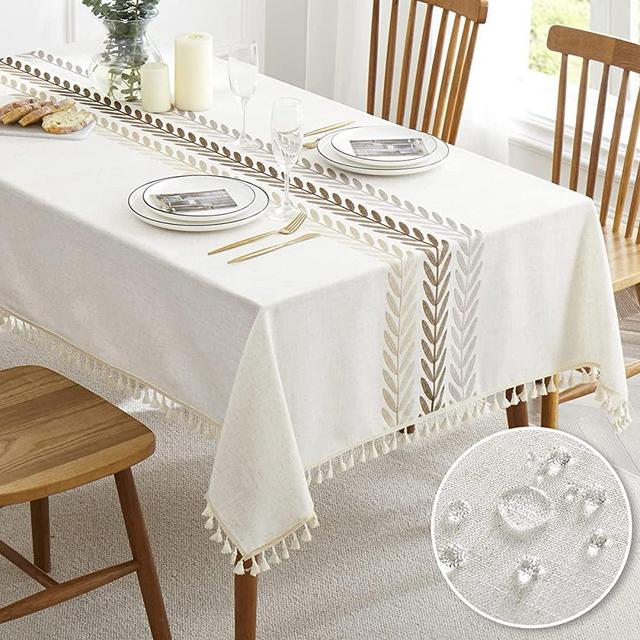 QIANQUHUI Linens Rectangle Tablecloths, Waterproof Embroidery Leaf Table Cloth with Tassel,Wrinkle Free Table Cover Decoration for Kitchen Dinning Party Holiday( Coffee Leaf,55 x 102 Inch)