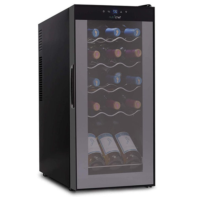 15 Bottle Wine Cooler Refrigerator - White & Red Wine Fridge Chiller Countertop Wine Cooler - Freestanding Compact Mini Wine Fridge 15 Bottle Capacity, Digital Control, Glass Door - NutriChef PKCWC150