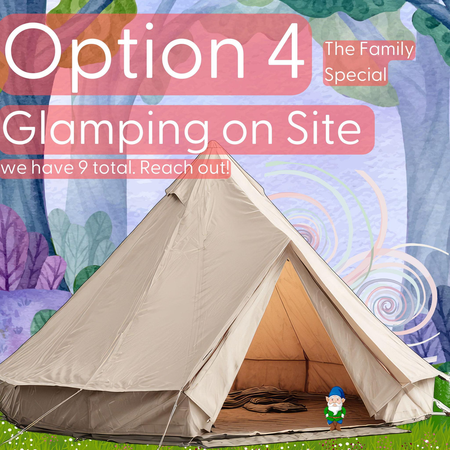 Forest village royalty will stay in 1 of 9 glamping tents containing a bed and storage.