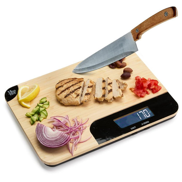 Sharper Image® Bamboo Wood Cutting Board & Food Scale – 33 lb Capacity, LCD Displays Grams & Oz| Kitchen Gadget Essential| Nutrition, Portion Control, Meal Prep, Baking, Dieting, Keto, Weight Loss