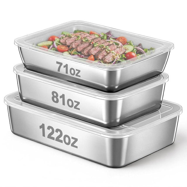 Zhehao 3 Pack Stainless Steel Meal Prep Container with Plastic Lids (122oz+81oz+71oz), Airtight Prep Containers, Stackable Kitchen Organizers for Pantry, Fridge, Freezer & Meal