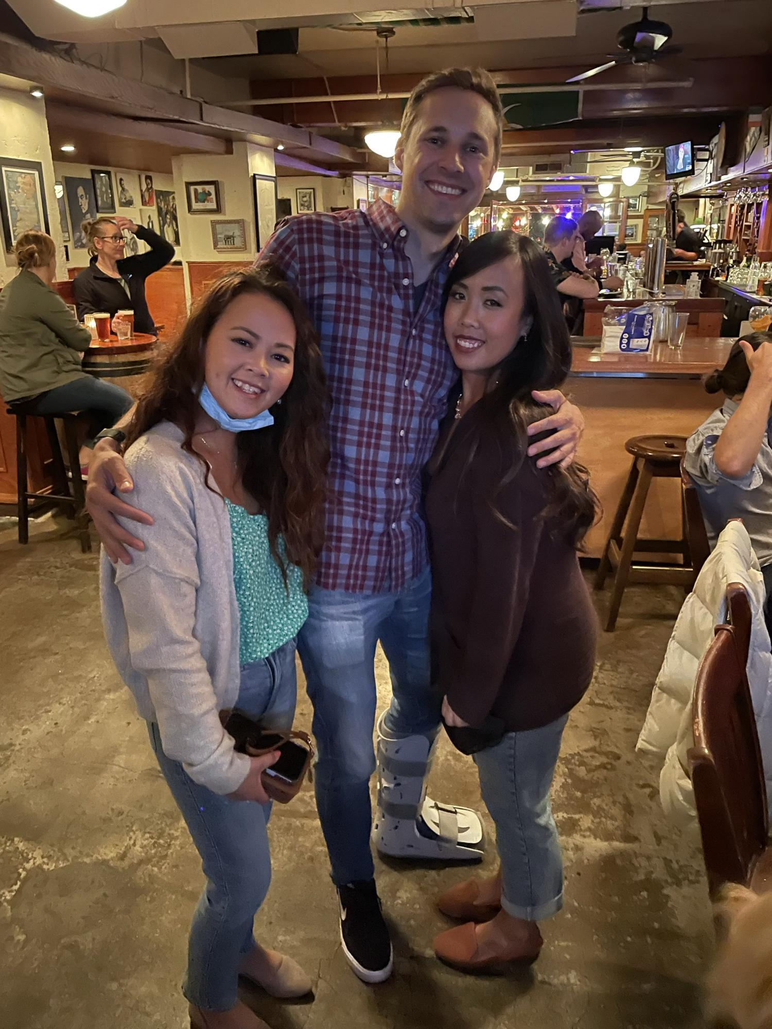 Celebrating Trevor’s 33rd birthday with Alyssa’s good friends Lun (left) and Mylan (right)