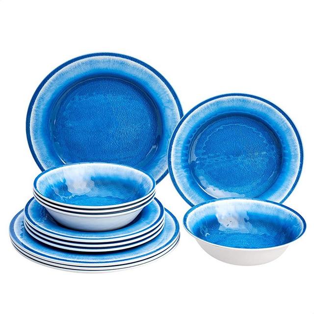Amazon Basics 12-Piece Melamine Dinnerware Set - Service for 4, Blue Crackle Glaze