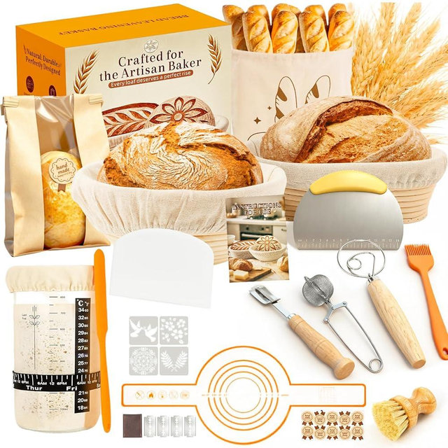 TAOMAND Complete Sourdough Starter Kit for Beginners & Manual | Sourdough Bread Baking Supplies with Round & Oval Banneton Bread Proofing Basket, Bread Sling, Starter Jar, Dough Whisk, Scrapers & Bag