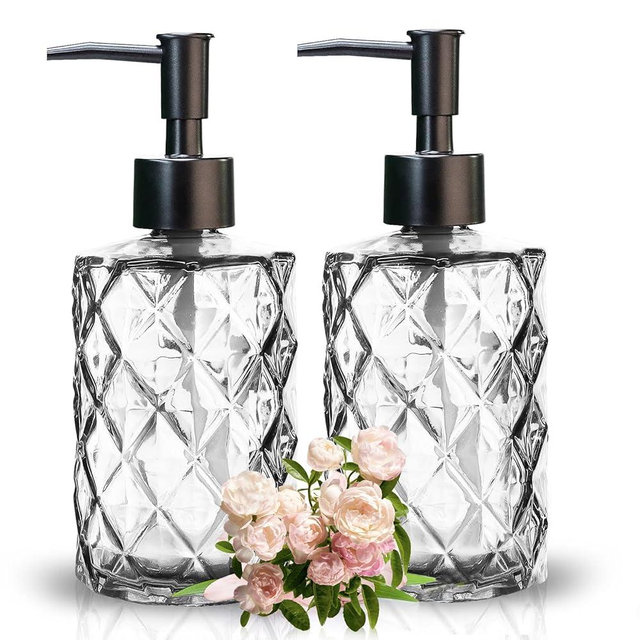 Ulable 2Pcs Clear Glass Soap Dispenser with Pump, 11oz Diamond Design Refillable Soap Dispenser for Hand Wash, Dish Wash for Dishwashing Liquid, Lotions, Essential Oil
