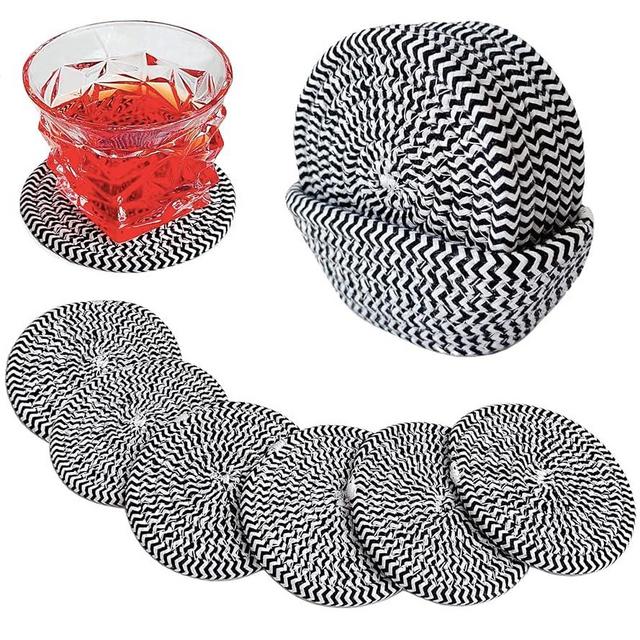 Valdivia Boho Drink Coasters with Storage Basket, Handmade Woven Cotton Absorbent Coaster Set of 6, Minimalist Home Decor for Coffee Table, Kitchen, Housewarming Gifts New Home Decoration Presents