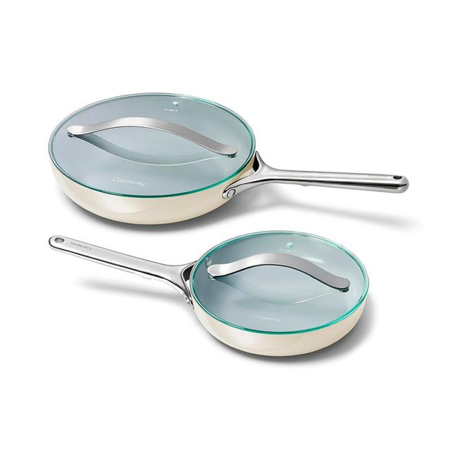 Caraway Ceramic Fry Pan Duo with Glass Lids - Non-Stick Frying Pans (10.5” & 8”) - Non Toxic, PTFE & PFOA Free - Oven Safe & Compatible with All Stovetops – Cream