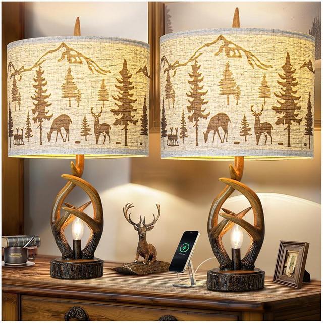 Farmhouse Deer Antler Table Lamp Set of 2 For Living Room with USB Ports, Rustic Bedside Lamp with Nightlight For Bedroom, linen Fabric Shade Vintage Nightstand Lamps For Hotel Bar Country House