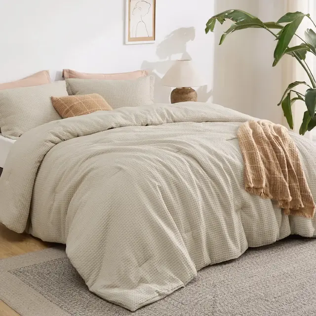 3 Pcs King Waffle Comforter Set - Soft, Breathable Linen Bedding with Comforter & 2 Shams