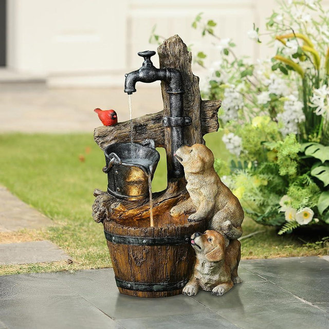 LuxenHome Water Fountain Outdoor, 3 Tiered Puppies and Water Pump Resin Outdoor Fountains and Waterfalls, Water Fountains with LED Light, 30 inch Brown/Yellow, Farmhouse Garden Water fountains outdoor