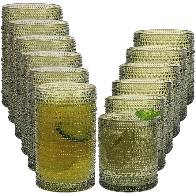 Moretoes Hobnail Drinking Glasses Set of 12, 12 Oz Highball Glasses & 10 Oz Cocktail Glasses, Green Embossed Boho Glass Cups Kitchen Bar Tumbler Glassware Set for Whiskey, Beer, Juice, Milk