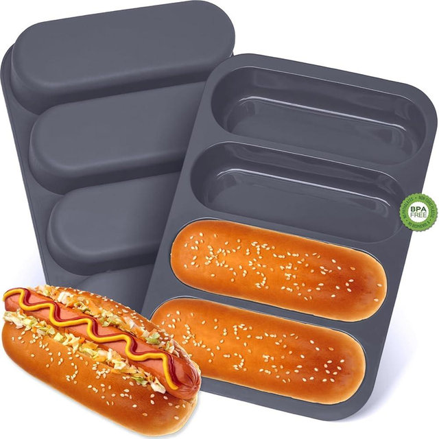 GDDGCUO Silicone Hotdog Bun Pan, 6 Inch Standard Hot dog Bun Mold, 4 Cup Non-stick Homemade Hotdog Bun Baking Pans, Mini Baguette Pans, Dishwasher Safe, 2 Pcs (Grey)