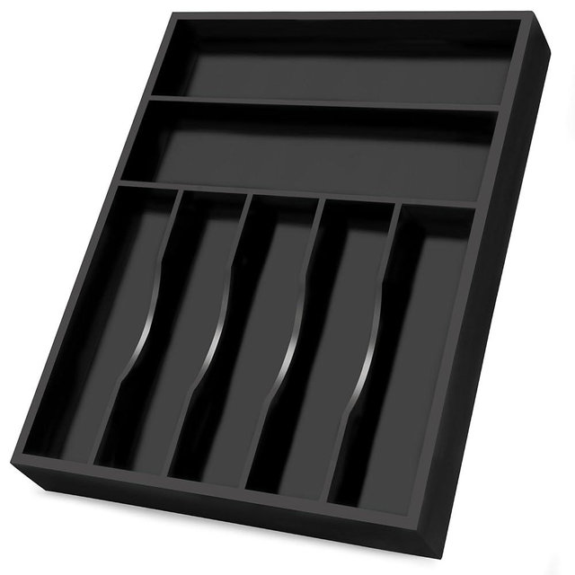 Bellsal Black Utensil Organizer 12.5 Inch Silverware Tray for Drawer Utensil Holder Cutlery Organizer Kitchen Drawer Organizer 7 Compartment Small Narrow Bamboo