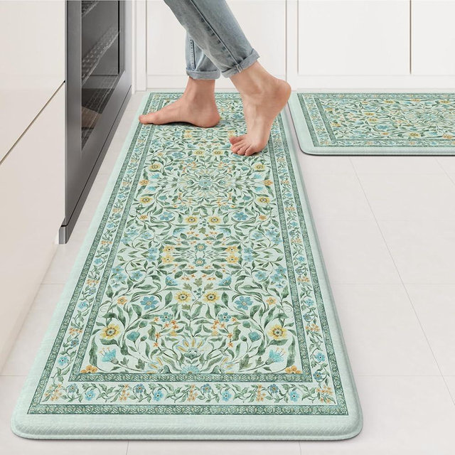 KIMODE Kitchen Mats for Floor Anti Fatigue, Kitchen Floor Mats 17.3"x29"+17.3"x47", Boho Floral Kitchen Rugs Sets of 2, Comfort Padded Rugs for Kitchen Floor Laundry Office Sink Desk Blue Green