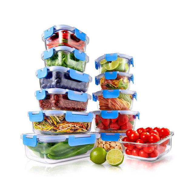 NutriChef 24-Piece Glass Food Storage Container Set with BPA-Free Airtight Locking Lids, Assorted Sizes - NCGLBU