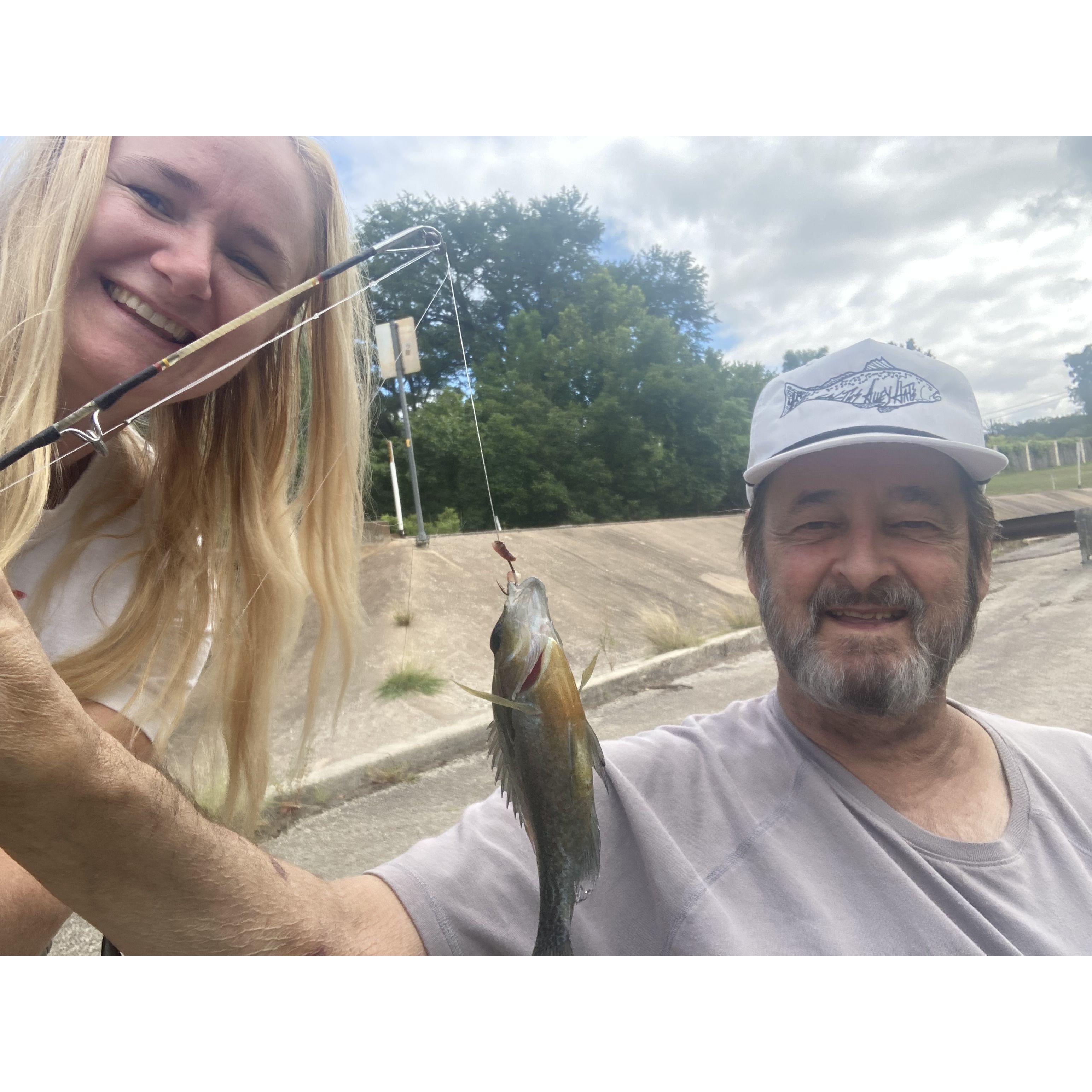 Claire and Dad, Bob Starks, fishing at Schumacher's Crossing TX July 2024
