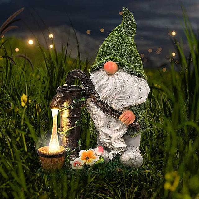 Funny Garden Gnomes Statue, Resin Gnome Figurine Carrying Welcome Sign with Solar LED Lights, Outdoor Garde Decorations for Patio Yard Lawn Porch, Ornament Gift (Dwarf Fetching Water)