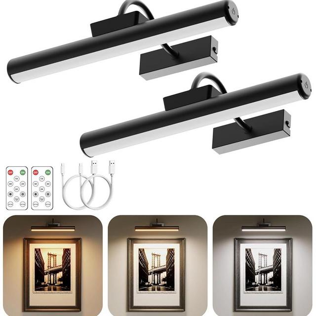 Skairipa Picture Light, Wireless Picture Light with Remote, Battery Operated 5000mAh, 3 Color Modes and Dimmable LED Lights with Timer for Paintings, Gallery, Wall, Dartboard, Bedroom - Black (2)