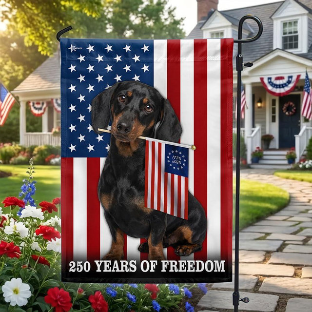 American Flag-Dog American Flag, 250 Years of Freedom Dachshund Dog US Flag, Garden Flag (11.5" x 17.5")-USA Premium Polyester