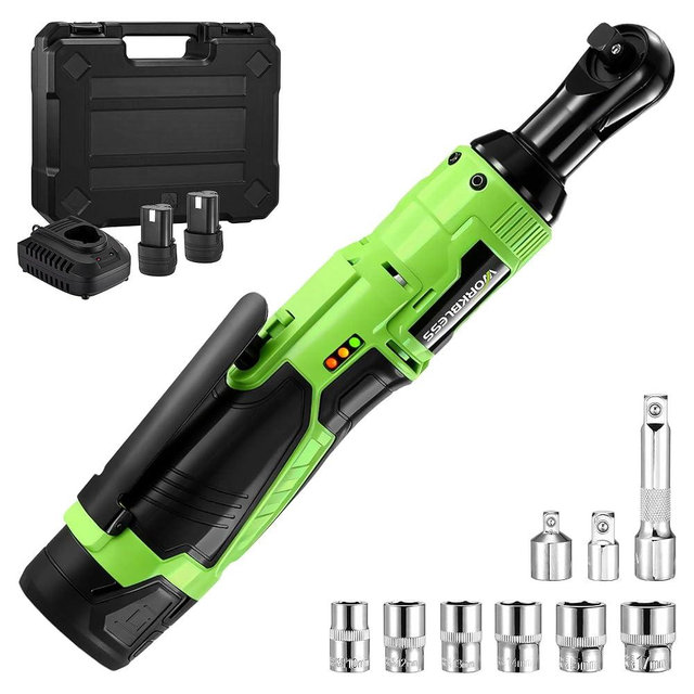 WorkBless 3/8" Electric Ratchet Wrench Set, 12V Cordless Ratchet, Power Socket Wrench Set with Variable Speed, 6 Sockets, LED Light, 1/4" Adapter, 1/2" Adapter, 2 x 2.0Ah Battery