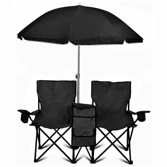 GoTeam Portable Double Folding Chair w/Removable Umbrella, Cooler Bag and Carry Case - Black