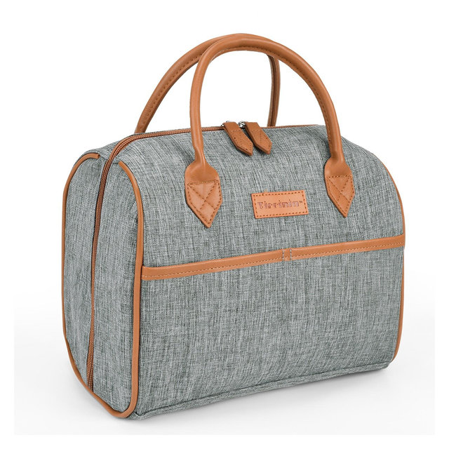 Tirrinia Insulated Lunch Tote Bag for Women w/Leather Handle, Fashionable Lunch Box for Men, Reusable Large Cooler Lunch Bag for Working/Picnic - Gray